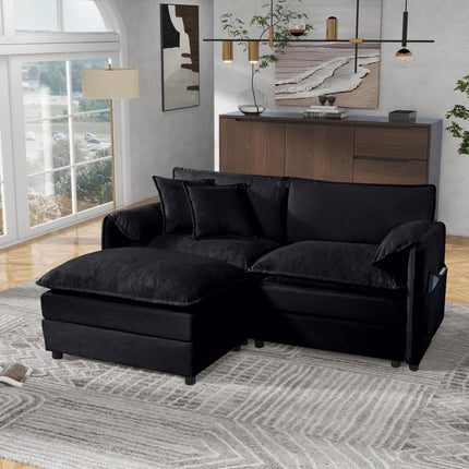 (Old:W3163S00012) Deep Seat Sectional Sofa Cloud Couch with Ottoman,  Modern Chenille Comfy Love Seat Upholstered Modular L Shaped Couch for Living Room, Apartment, Office,DIY Combination,Black