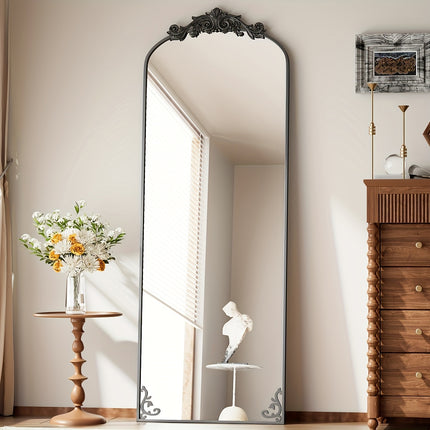 Full Length Mirror, 64"x21" Floor Mirror Freestanding With Carved Metal Frame & Bottom Art Carved,