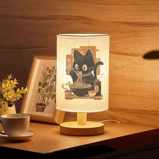 Cute Black Cat Eating Ramen Print LED Bedside Lamp - Nordic Wooden Desk Light with Fabric Shade