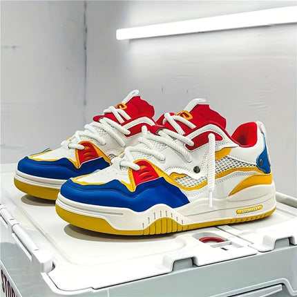 Men's Colorblock Cute Skate Sneakers with Thick PVC Sole & Cushioning - Lightweight Low-Top Lace-Up Sport Shoes
