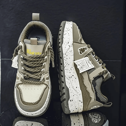 Men's Retro Skate Sneakers - Green & White Color Block, Thick Rubber Sole, Shock Absorbing Casual Sneakers