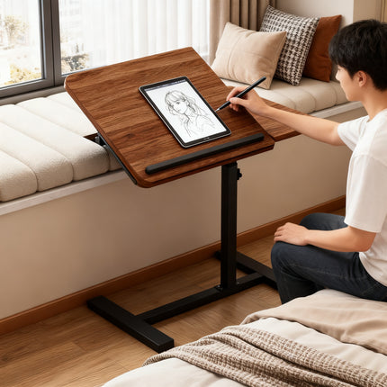 Mobile Bedside Table with Hidden Wheels; Adjustable Height Flip-Style Bedside Table