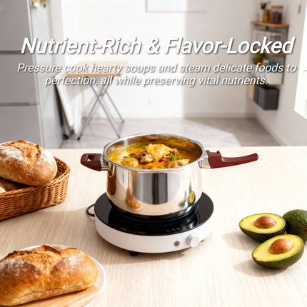22cm/6L Large Capacity Stainless Steel Pressure Cooker with 1600-Ton Triple-Layer Base, 6 Safety Features