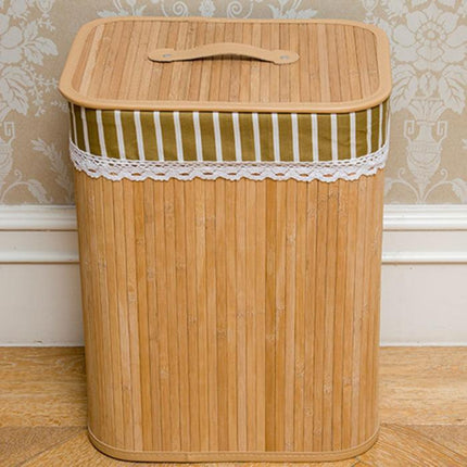 Folding Bamboo Storage Basket Large Storage Laundry Bin Box with Lid and Removable Lace