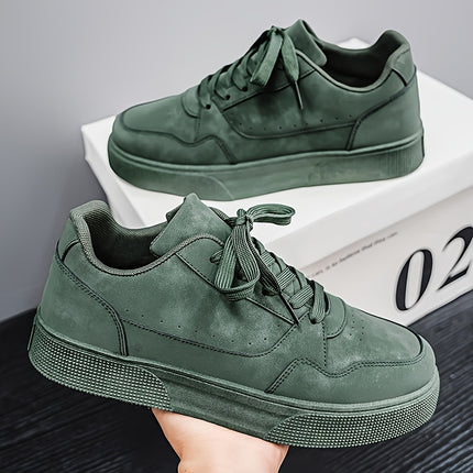 Men's Low-Top Olive Green PU -like Sneakers - All-Terrain Lace-Up Shoes with PVC Sole,