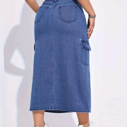 Spring Summer Autumn Slit Skirt with Large Pockets, High-Waisted Casual