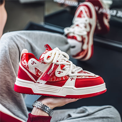 Men's Versatile Street Style Skateboot Shoes - Casual Fashion Sneakers in Red & White with Abstract Pattern,
