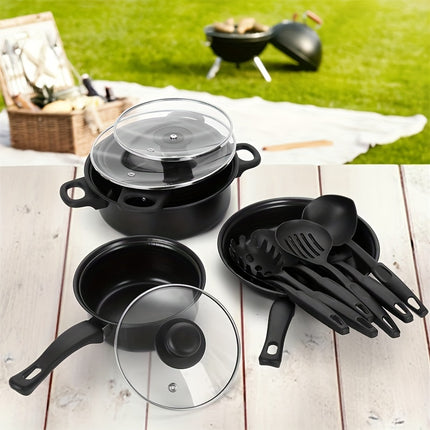 Cookware Set,Small Portable Cast Iron Pots and Pans with Glass Lids and Nylon Utensils for Outdoor Cooking