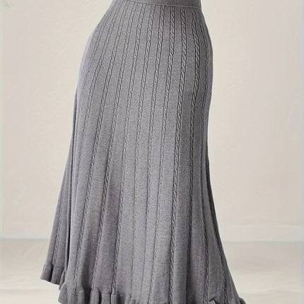 Women'S Elegant Cable Knit Skirt, Viscose, Solid Color, Autumn/Winter Fashion, Knitted (Ribbed) Fabric