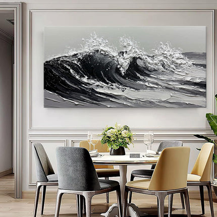 Large Gray And White Seawaves Seascape Oil Painting On Canvas Handmade Black Texture Knife Thick Wall Art For Home Living Room Decor Mural