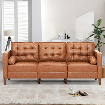 Inches Premium Faux Leather Sofa with 2 Bolster Pillows, Modern 3-seat Sofa