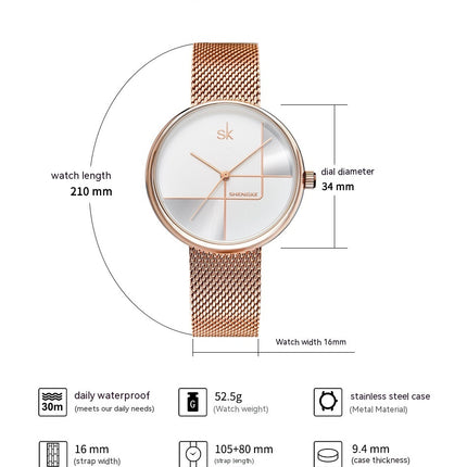 Women's Fashion Simple Geometric Quartz Watch Mesh Strap Watch