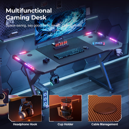 Sturdy Y-Shaped Gaming Desk with Dual RGB LED Lights, Computer Table