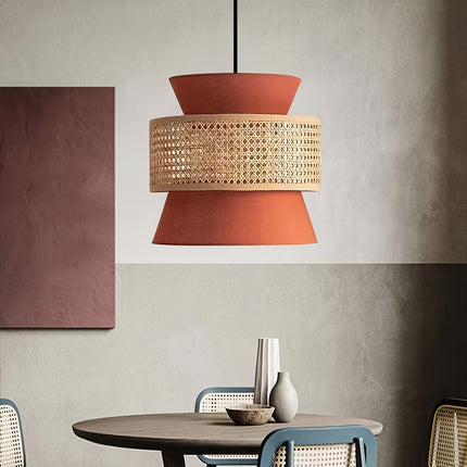 Vintage Rattan Woven Chandelier with Rattan And Fabric Lampshade,