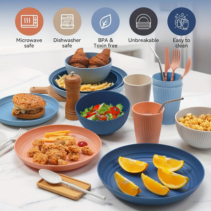 42/56pcs Dinnerware Sets,Plates and Bowls Sets for 6/8-Unbreakable,Plastic Dish Set-Dinner Plate
