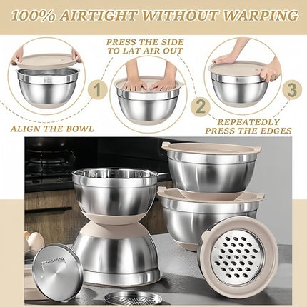 Stainless Steel Non-Slip Silicone Bottom 6pcss Mixing Bowl Set with Sealing Lid And 3 Grater Attachments