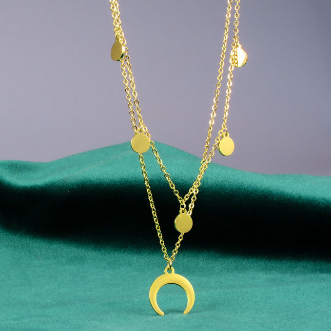 Asterism Round Round Plate Inverted Crescent Moon Necklace