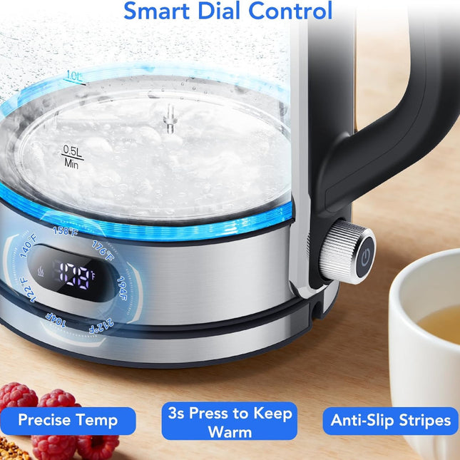 Electric Kettle with Precise Temp Control, Hot Water Kettle, 304 Food-Grade SS & Borosilicate Glass