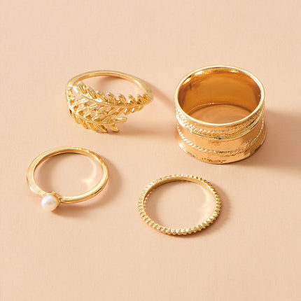 Fashion Gold-plated Leaf Pearl Ring Set, Ladies Street Shooting All-match Ring
