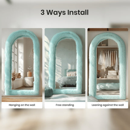 24" x 65" Arched Full-Length Mirror with Chic Blue Faux Fur Frame - Expansive Reflections, Glass Surface,