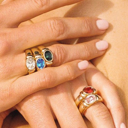 Multi-color Zircon Ring With Titanium Steel And Gold Plating