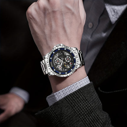 Stylish Men'S Automatic Mechanical Watch with Stainless Steel Strap, Luminous Hands & Hollow Round Dial