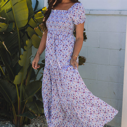 Purple Floral Short Bubble Sleeve Shirred High Waist Maxi Dress