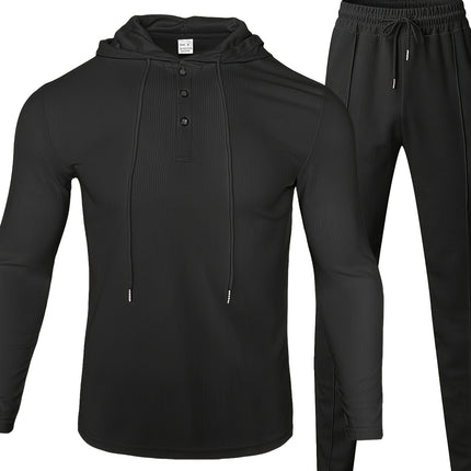 Men's Casual Sportswear Set - Hooded Long Sleeve Top & Joggers with Drawstring, Polyester Blend, Perfect for Spring/Fall Outdoor Activities