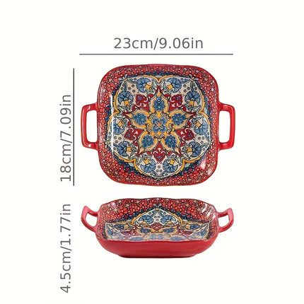 Set of Four Bohemian Square Plates with Double Handles! These Ceramic Serving Dishes Are