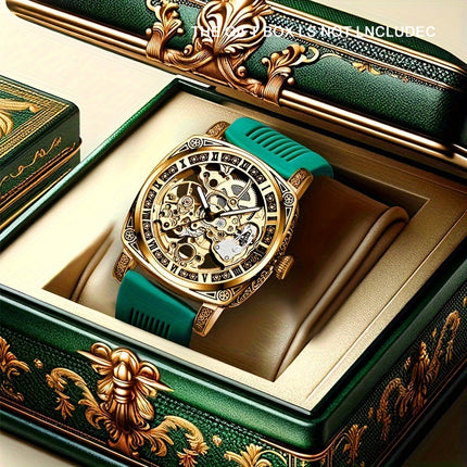 1pc Men'S Green Tape Gorgeous Retro Fully Automatic Hollow Mechanical Watch, Without Battery