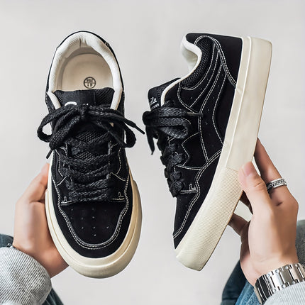 Men's Olive Green PU Low-Top Sneakers - Chunky Rubber Sole Skate Shoes, Lace-Up All-Season Casual