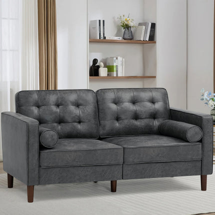 Leather Loveseat Sofa with 2 Bolster Pillows, Modern Two Seat Sofa with Tufted Backrests