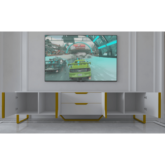 70" Modern Entertainment Center TV Console Hardwood and Metal Construction, Carve Design