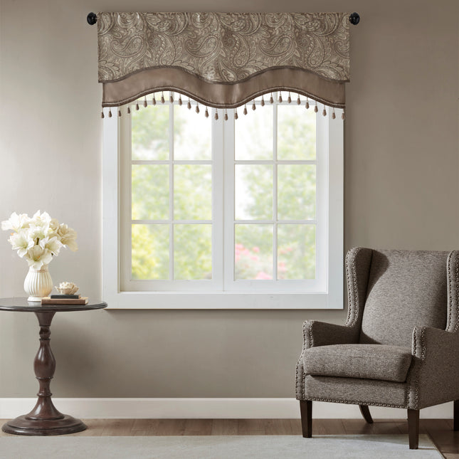 Jacquard Window Rod Pocket Valance With Beads Blue/Brown 50x18'