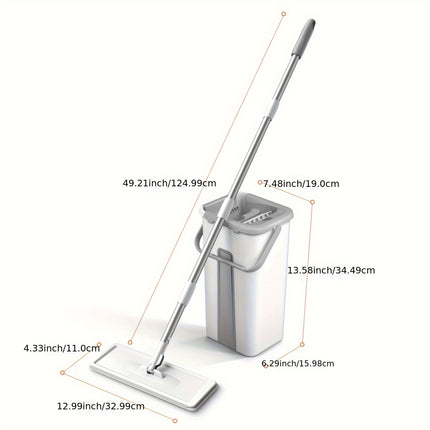 Mop And Bucket with Wringer Set, White Flat Squeeze Mop Bucket Set for Floor Cleaning, Wet Dry Mop for Wall Cleaner with Long Handle, Hardwood Floor Mop with 3 Microfiber Cloths