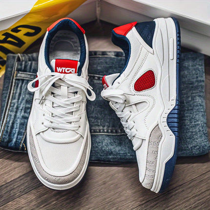 Men's All-Season Sneakers - White & Turquoise Accent Lace-Up Shoes, Non-Slip Rubber Sole,