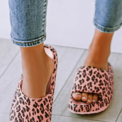 Pink Leopard Print Thick Sole Slip On Slippers
