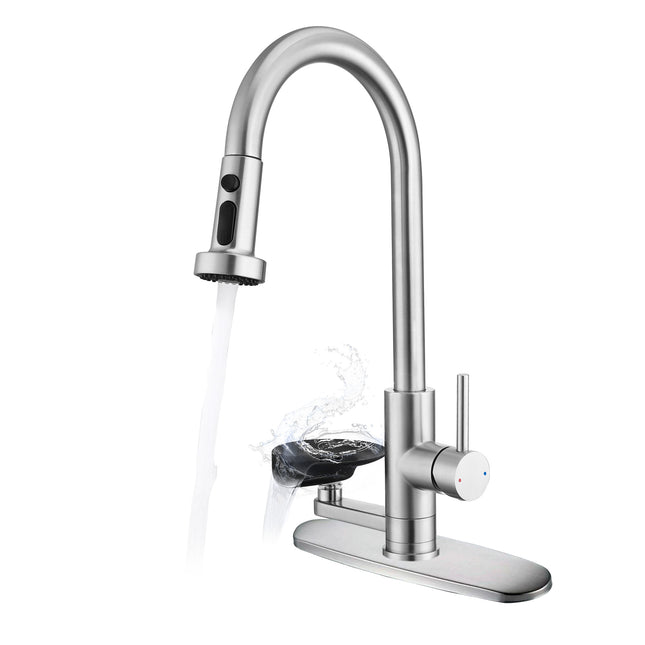 3-in-1 Kitchen Faucet with Press-Type Glass Rinser, High-Arc Pull-Down Sprayer, 3 Function Spray Mode, Brushed Nickel Finish, 9.44-Inch Spout Height, Stainless Steel & ABS Construction