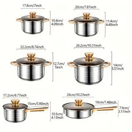 12pcs Stainless Steel Cookware Set, (6 Pots + 6 Lids) Kitchen Cooking Set With Golden Handles,