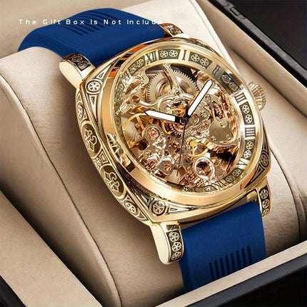 1pc Men's Yellow and Blue Tape Elegant Carved Roman Rotating Mechanical Watch