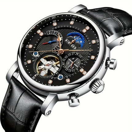 [KINYUED] Men'S Automatic Winding Mechanical Watch with Moon And Stars Multi-Function Wristwatch,
