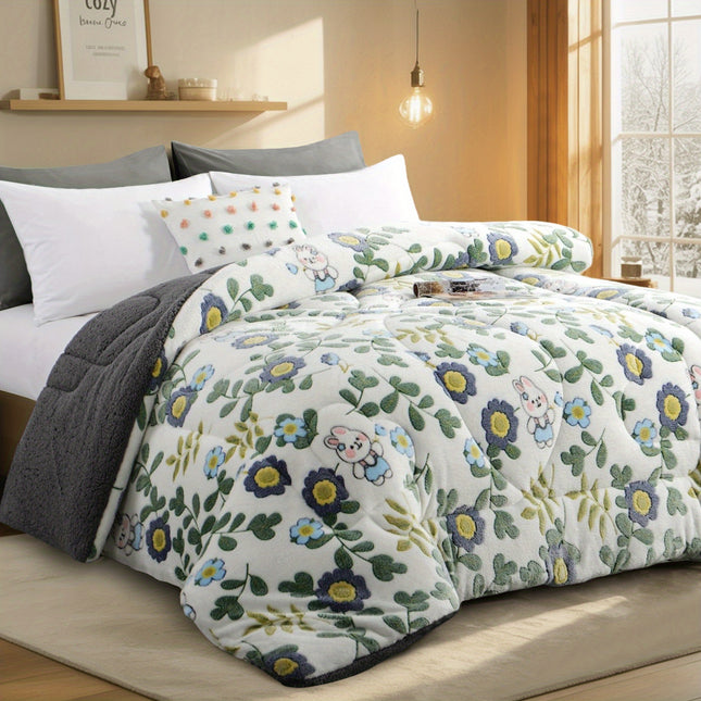 Cute Rabbit And Flower Pattern Double-sided Fleece Quilted Comforter, Fluffy And Soft Fleece Fabric