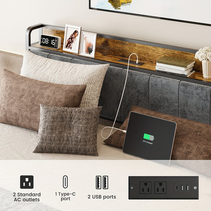 Bed Frame LED Metal Platform Bed with Storage Headboard And USB Charging Station,