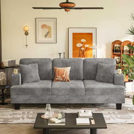 Sofa Couch 84" 3-Seater with 2 Pillows, Cup Holders & Side Pockets - Space-Saving Grey Foam