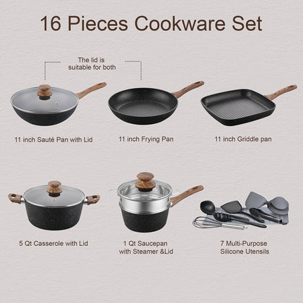 16 Pieces Pots and Pans Sets - Nonstick Cookware Set with Utensils and Steamer