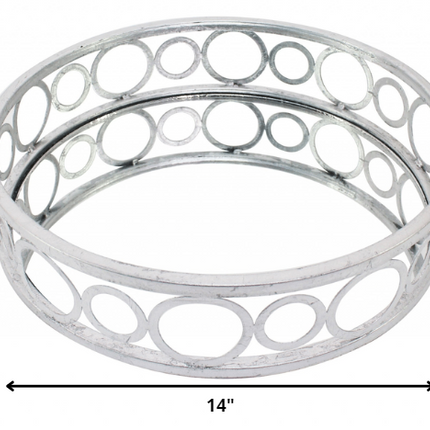 14" Silver Round Metal Geometric Vanity Tray
