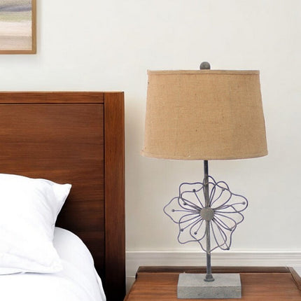 28" Distressed Gray Metal Novelty Bedside Lamp With Khaki Drum Shade
