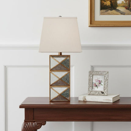 28" Distressed Gold And Silver Metal Bedside Lamp With Beige Shade