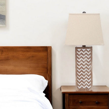 28" Distressed Natural And Silver Metal Bedside Lamp With Beige Cone Shade