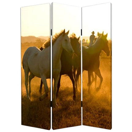 72" Brown and Black Canvas Folding Three Panel Screen Room Divider